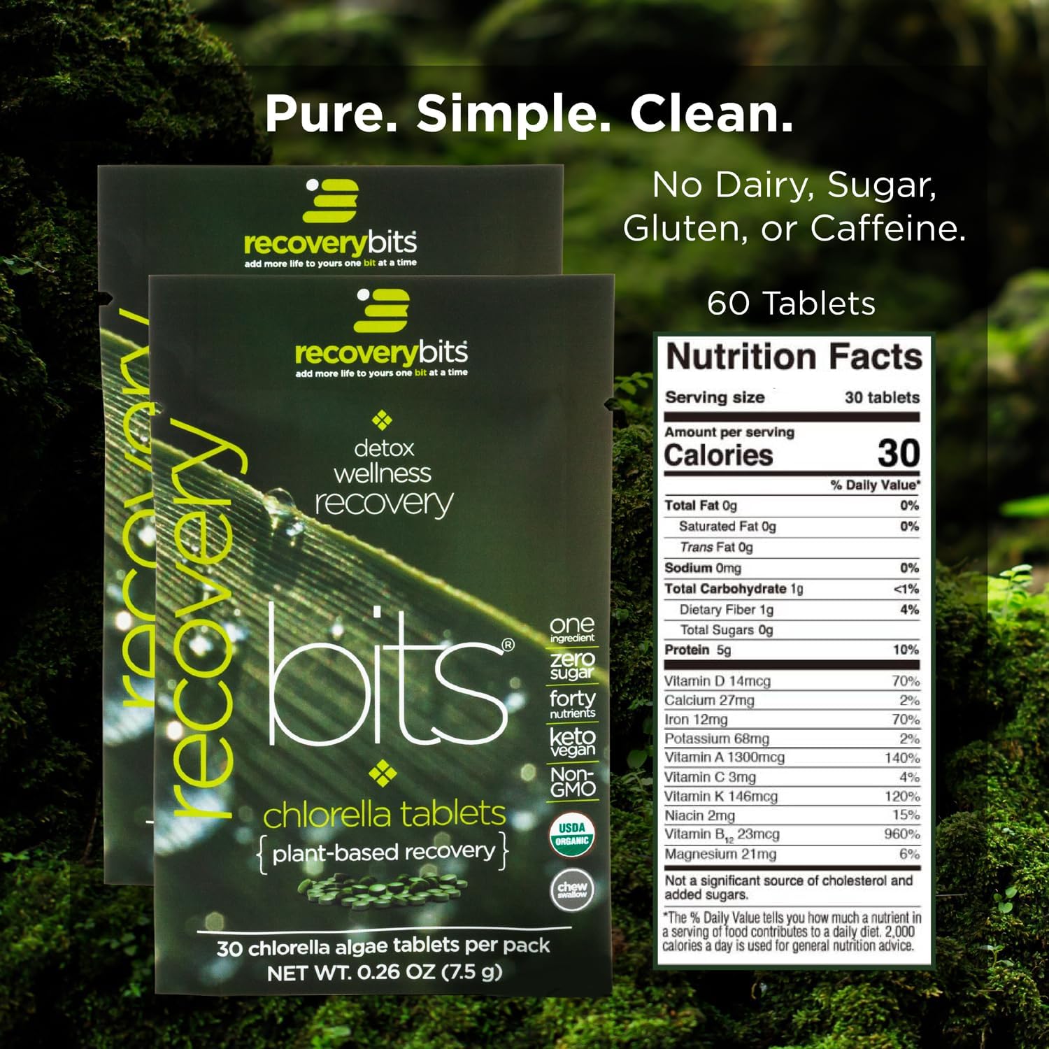 RECOVERYbits Organic Chlorella Algae Tablets, Superfood, Pure Green Algae, High Protein and Fiber, Chlorophyll, Cracked Cell Wall Non-Irradiated, for Immune Boosting and Detox, Non-GMO, 60 Tablets