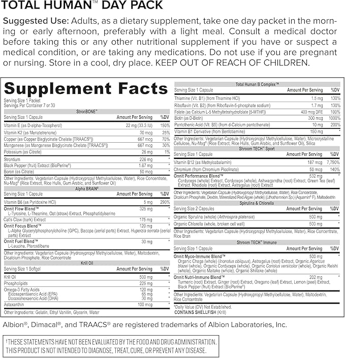 ONNIT Total Human Adult Multivitamin Dietary Supplement Comprehensive Capsule Packs with Day and Night Support, Daily Vitamin Packs for Men and Women, Dietary Supplement Capsules, 30-Day Supply
