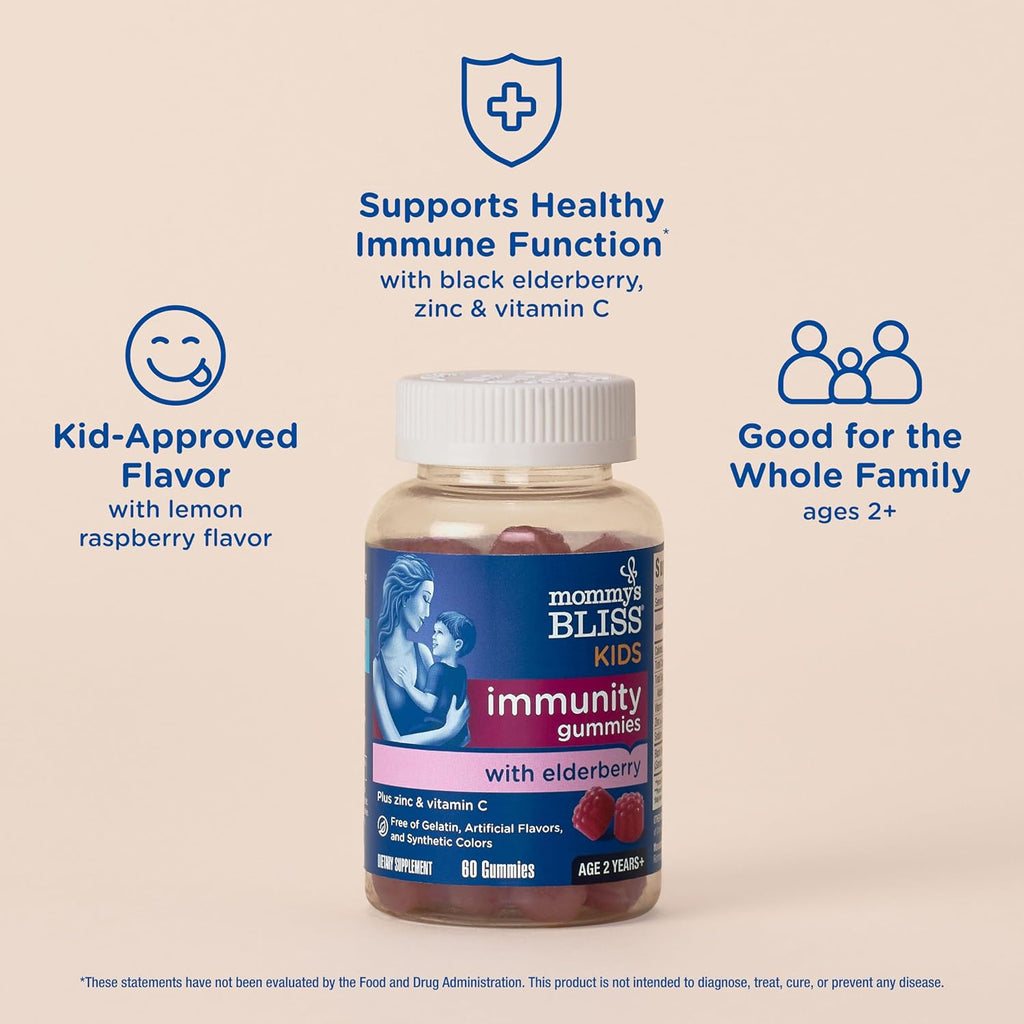 Mommy's Bliss Kids Elderberry Gummies, Supports Immunity with Black Elderberry, Zinc & Vitamin C, Gluten Free & Vegan, Age 2 Years+ (60 Count)