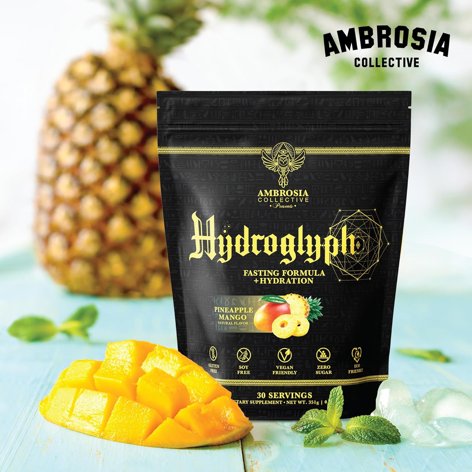 Ambrosia Hydroglyph Intraworkout Electrolytes Hydration Drink Mix | Sugar Free Electrolyte Powder with Amino Acids | Supports Lean Muscle During Fasting | 30 Servings | Pineapple Mango