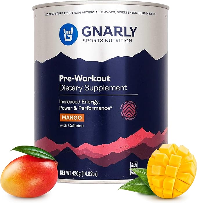 Gnarly Nutrition Natural Pre-Workout Powder, Mango – NSF Contents Certified, Endurance & Recovery – Vegan Pre-Workout, Sports Nutrition – Mango with Caffeine, 14.82 oz