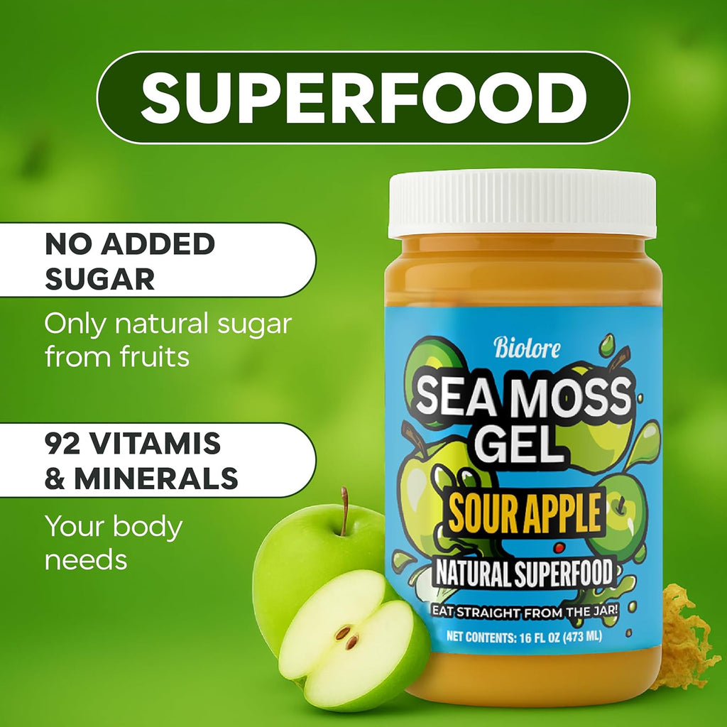 Biolore Sour Apple Sea Moss Gel 16 oz - No Added Sugar, Vegan, Made in USA - Wildcrafted Sea Moss Superfood with 92 Essential Vitamins - Ready to Use, No Prep Needed