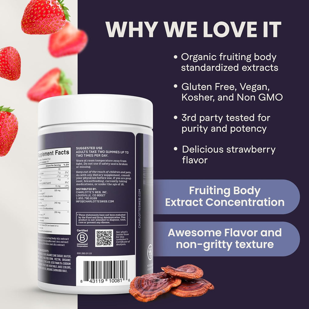 Charlotte's Web Stress Support Mushroom Gummies w/Reishi, Ashwagandha, Rhodiola Rosea Supplement — Natural Supplement — Strawberry-Flavored Ashwagandha Gummies (30 Servings)