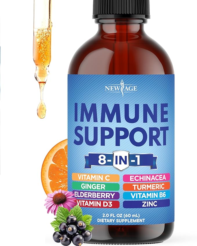 NEW AGE 8-in-1 Immune Support Liquid Drops – Elderberry, Turmeric Curcumin, Echinacea, Ginger, Vitamins C & D3, Zinc & B6 – Fast-Absorbing Immune & Antioxidant Support – Vegan, Non-GMO – 2 oz