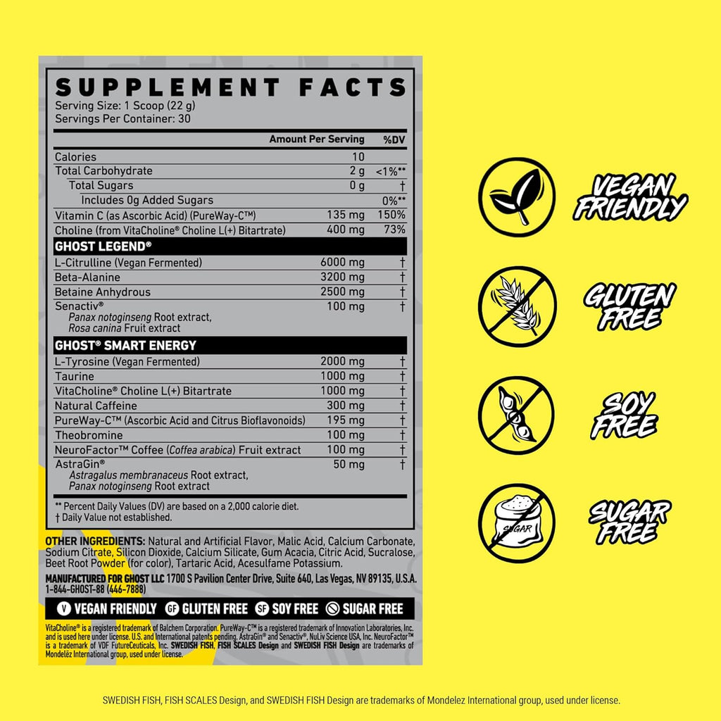 GHOST Legend Pre-Workout Powder, Swedish Fish - 30 Servings – Pre-Workout for Men & Women with Caffeine, Choline, L-Citrulline, & Beta Alanine for More Pumps, Energy & Focus - Vegan Friendly