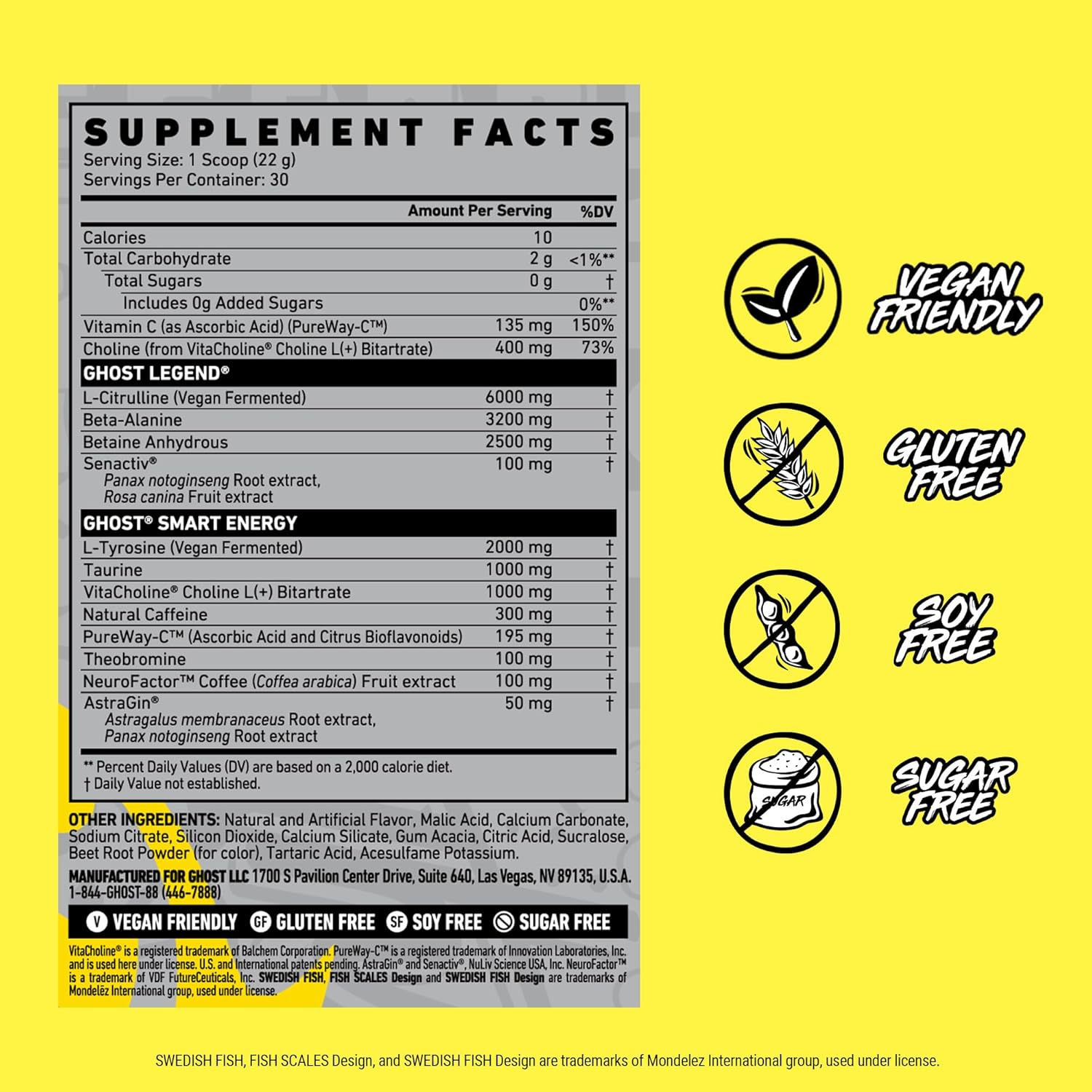 GHOST Legend Pre-Workout Powder, Swedish Fish - 30 Servings – Pre-Workout for Men & Women with Caffeine, Choline, L-Citrulline, & Beta Alanine for More Pumps, Energy & Focus - Vegan Friendly