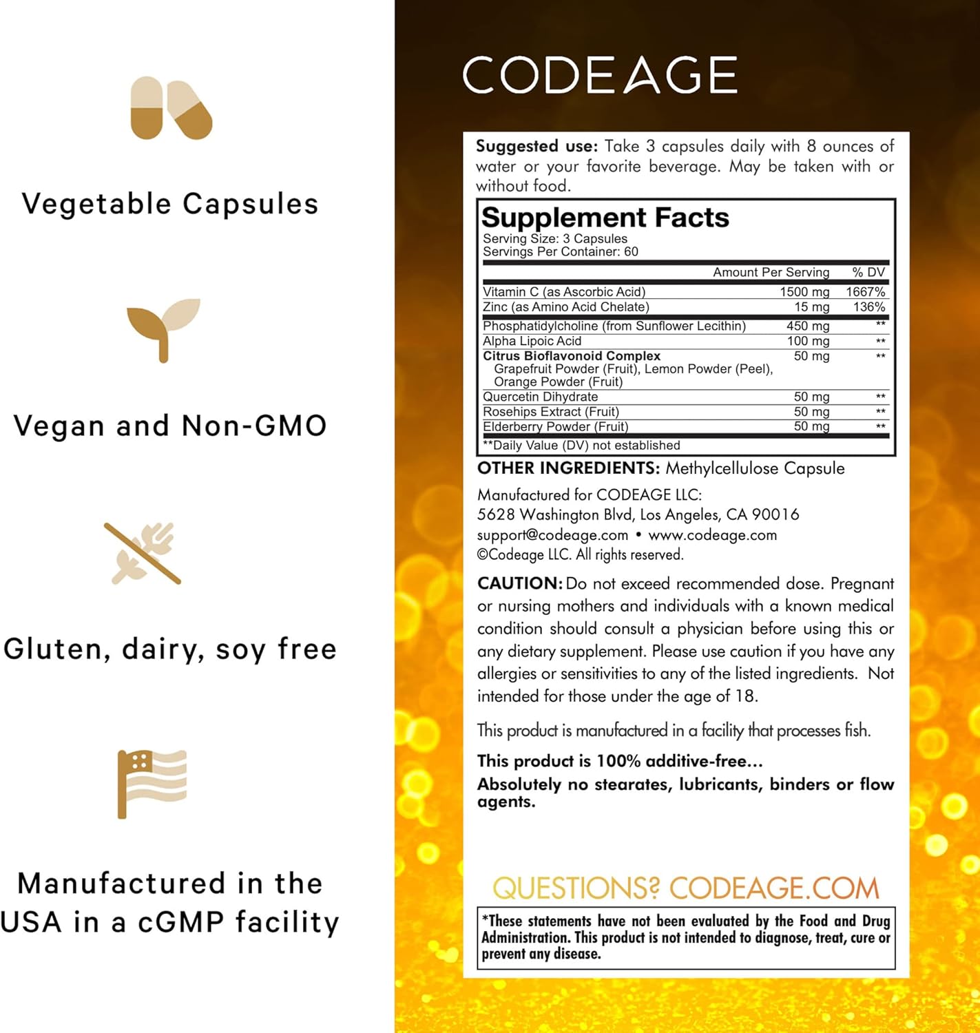 Codeage Liposomal Vitamin C 1500mg with Zinc, Elderberry, Citrus Bioflavonoids Grapefruit, Lemon, Orange Powder, Quercetin & Rose HIPS Fruit – Vegan Supplement - Non-GMO, Vegan Pills - 2 Pack