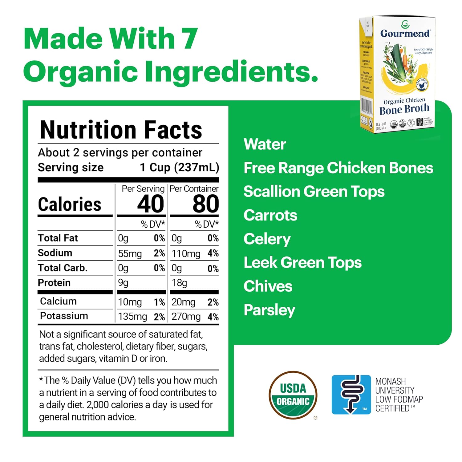Organic Unsalted 16.9oz Chicken Bone Broth (6 Pack) – 7 Ingredients, Low FODMAP Certified, Filler Free, Gluten Free, Onion & Garlic Bulb Free