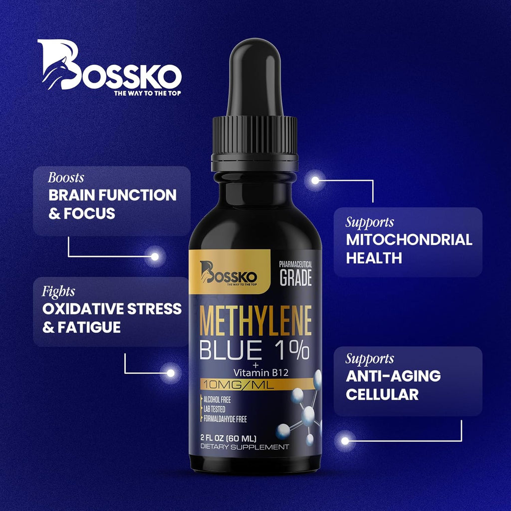 Bossko Methylene Blue 1% Solution 99.99% Pure Pharmaceutical Grade with B12 & Magnesium | Brain & Cellular Support | Third-Party Tested Dietary Supplement Drops Made in USA 60ml