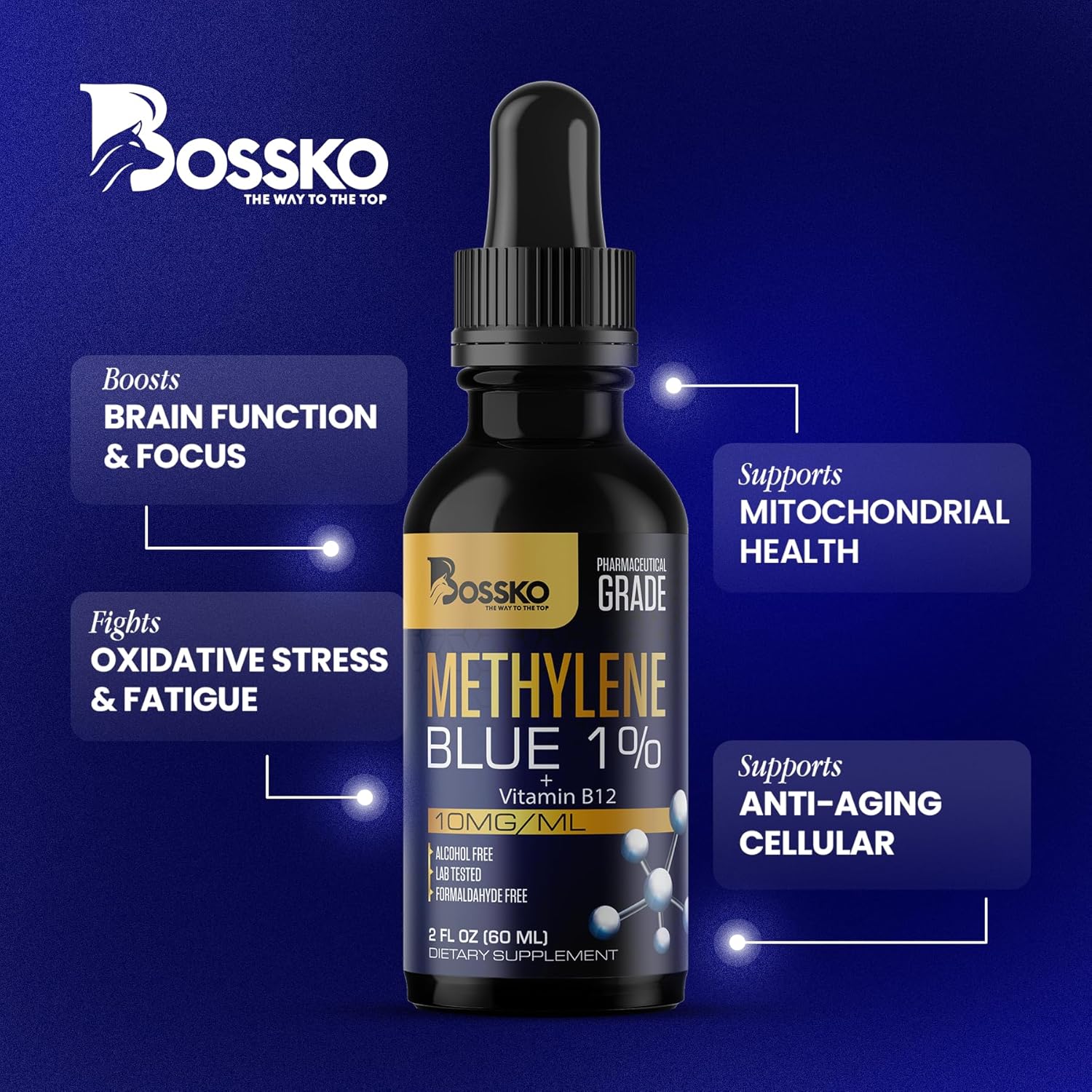 Bossko Methylene Blue 1% Solution 99.99% Pure Pharmaceutical Grade with B12 & Magnesium | Brain & Cellular Support | Third-Party Tested Dietary Supplement Drops Made in USA 60ml