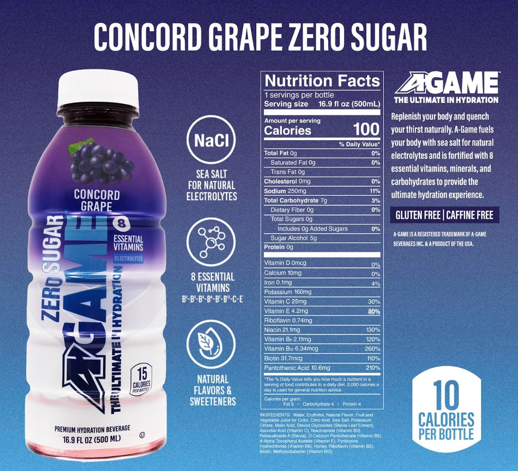 A-GAME Zero Sugar Sports Drink, Concord Grape Zero, Sugar FreNatural Flavors, Gluten Free & Keto Friendly, 16.9 Fl Oz (Pack of 12)