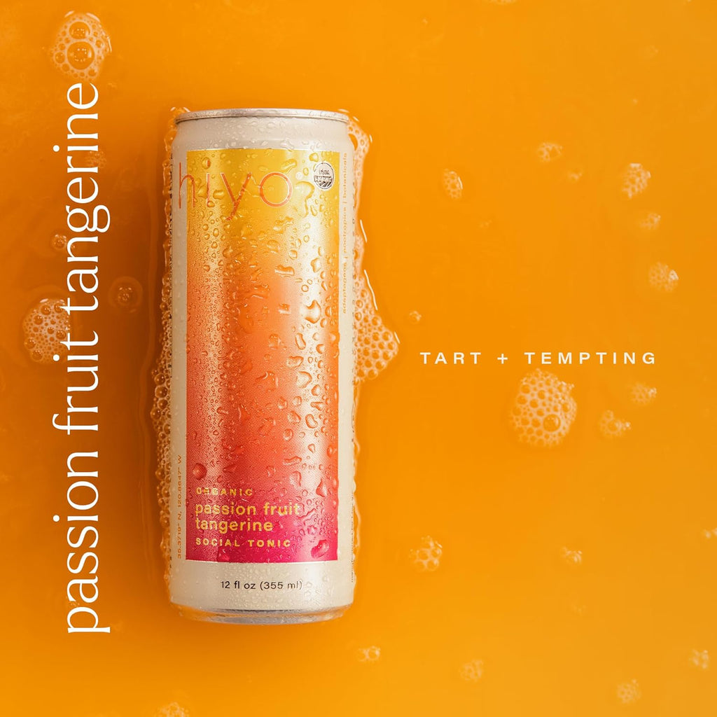 Hiyo Organic Social Tonic- Passion Fruit Tangerine, 12 Pack – N.A. Functional Seltzer, Sparkling Water Crafted with Organic Adaptogens, Nootropics, & Botanicals