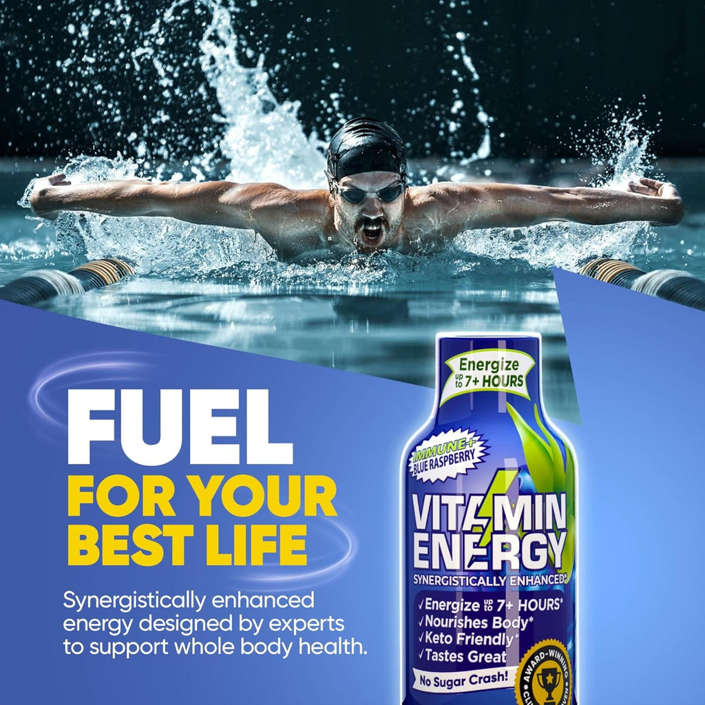 Vitamin Energy Immune+ Extra Strength Energy Shot Blue Raspberry 48 Pack, 260mg Natural Caffeine, B-Vitamins, Citicoline, Green Tea, Immunity & Focus Support, Zero Sugar, Gluten-Free 1.93 fl oz