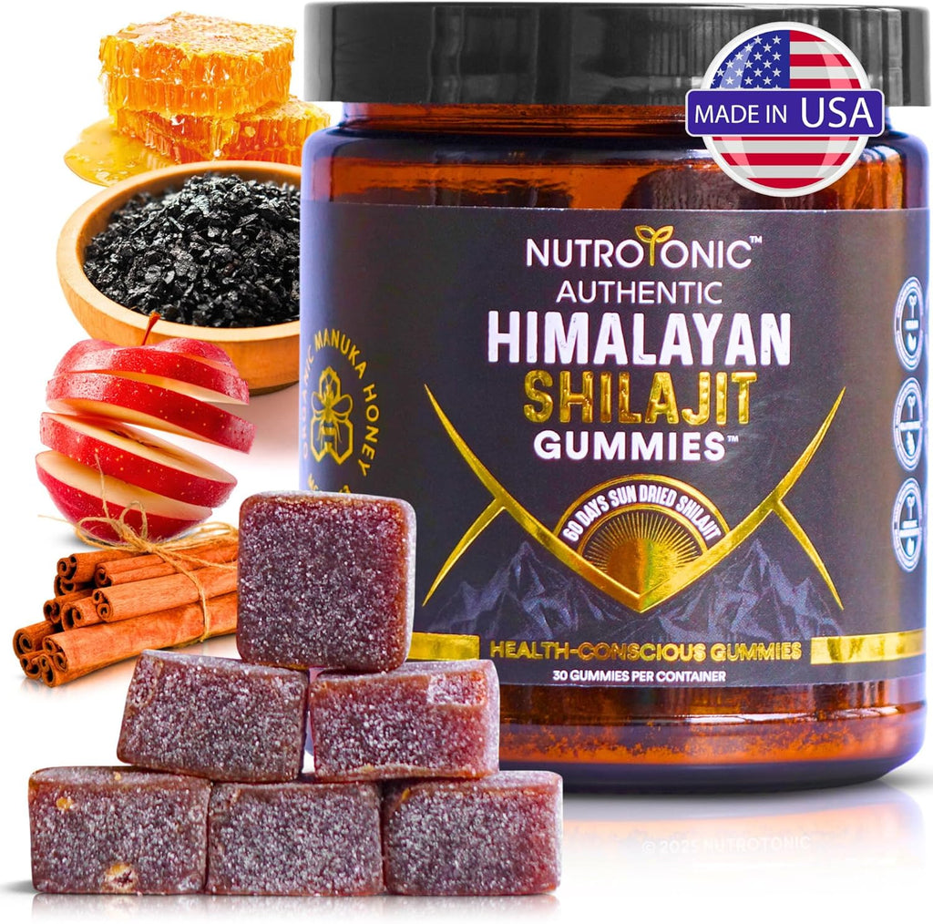 NutroTonic® Organic SHILAJIT Gummies | Apple Cinnamon Flavor | No Added Sugar, Sweetened by Manuka Honey | Clean Formula | Natual Source of Urolithin | Heart, Brain, Cellular Health | 30 Gummies