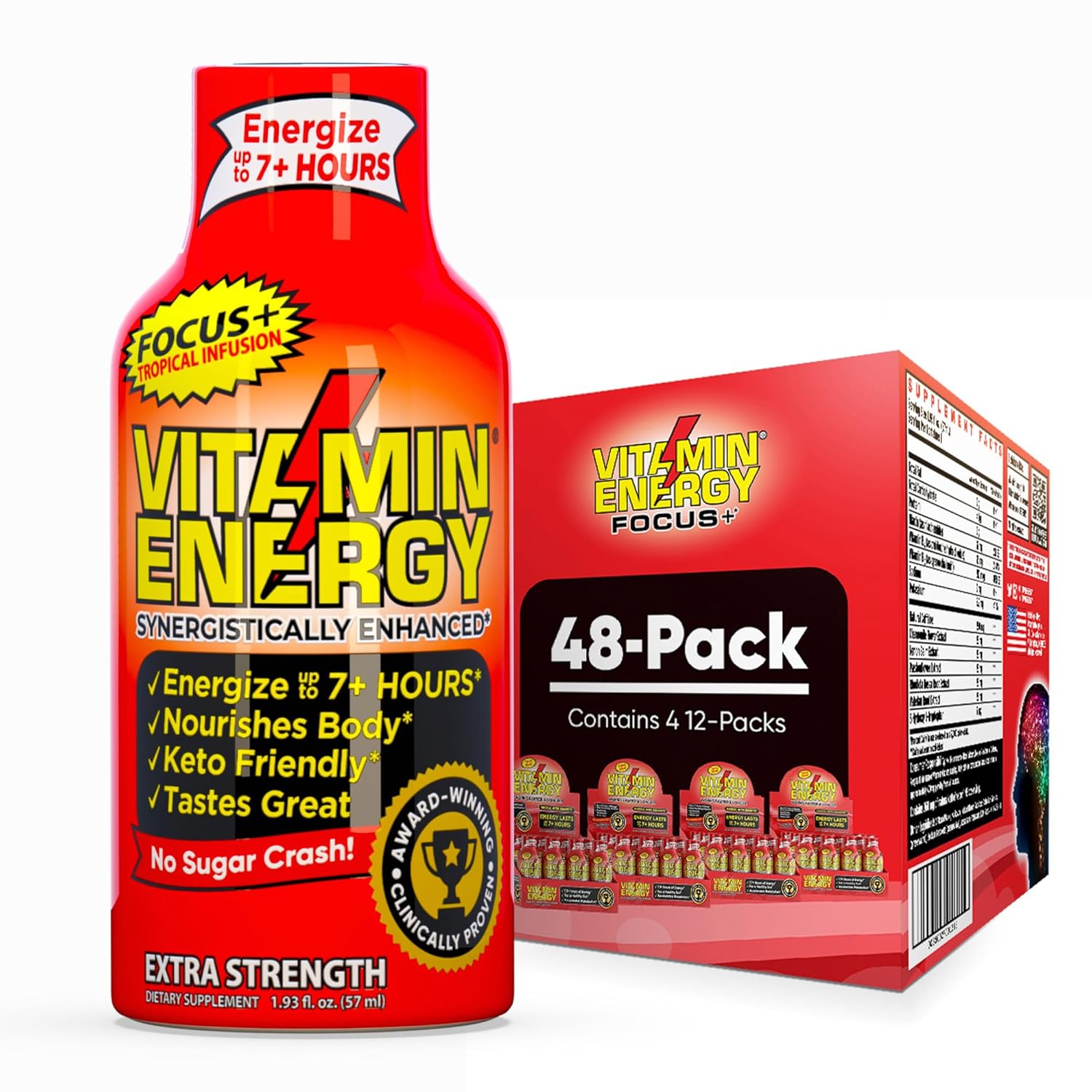 Vitamin Energy Focus+ Extra Strength Energy Shot Tropical Infusion 48 Pack, 260mg Natural Caffeine, B-Vitamins, CoQ10, Amino Acids, Focus, Productivity & Clarity, Zero Sugar, Gluten-Free, 1.93 fl oz