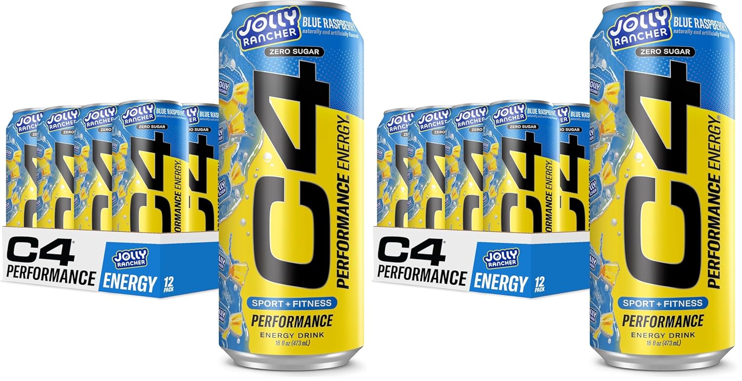 Cellucor C4 Performance Energy Drink | JOLLY RANCHER Blue Raspberry | Zero Sugar Carbonated Preworkout Energy | 200mg Caffeine with Beta Alanine | 16 Fl Oz (24 Pack)