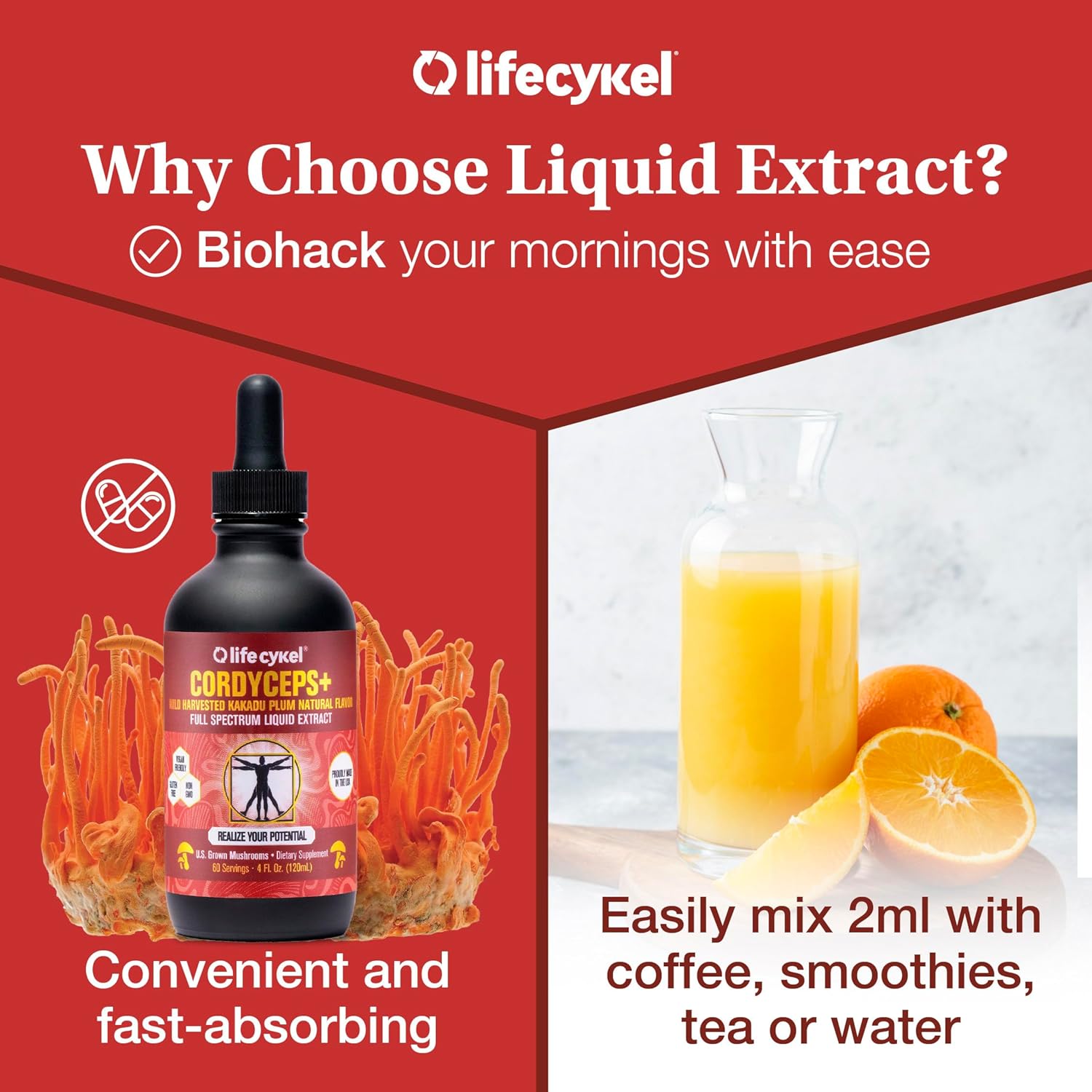 Lifecykel Cordyceps Mushroom Extract w/Kakadu Plum- Natural Energy Supplement for Fatigue & Stamina- Mycelium Vitamin C Antioxidants Non-GMO Organic Mushrooms Made in US, 2 Fl oz (Packaging May Vary)