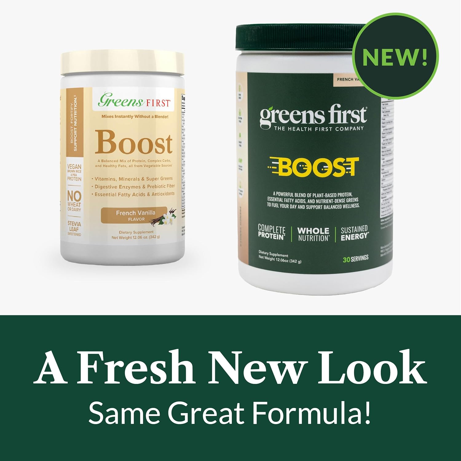 Greens First Boost - Plant-Based Protein & Balanced Nutrition - Superfood Shake Mix - No Wheat or Soy - Dairy-Free - Vegan - French Vanilla, 12.06 oz.