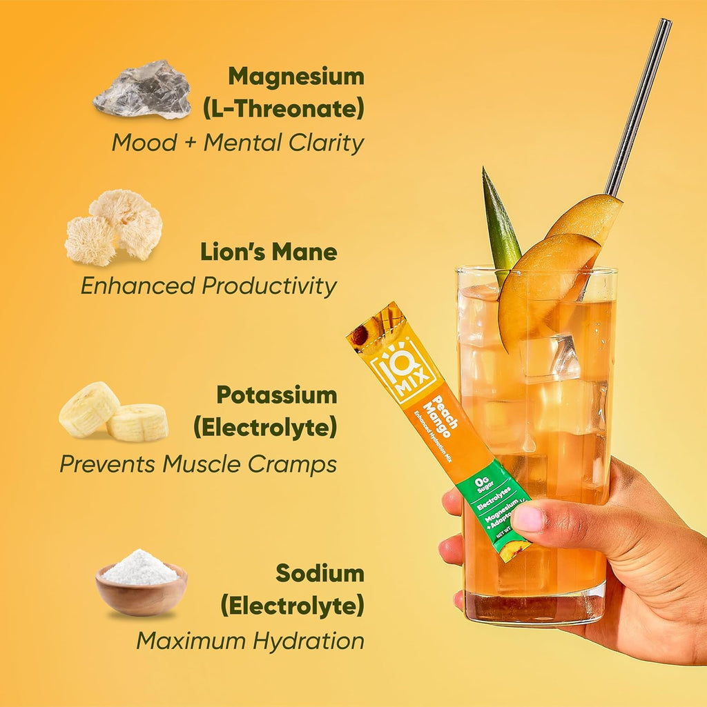 IQMIX Hydration Electrolyte Powder – 4-in-1 Formula for Hydration, Mental Clarity, Mood and Recovery – Sugar-Free Drink Mix, Keto, Magnesium L-Threonate, Lion’s Mane – 40 Count Peach Mango