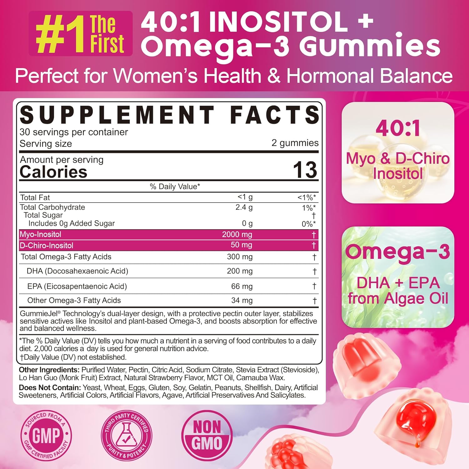 Inositol + Omega-3 Gummies for Women – Myo-Inositol & D-Chiro Inositol (40:1), Omega-3 DHA/EPA (3:1) – Inositol Supplement for Hormonal Balance & Cycle Health, Vegan Sugar-Free, 60 Ct