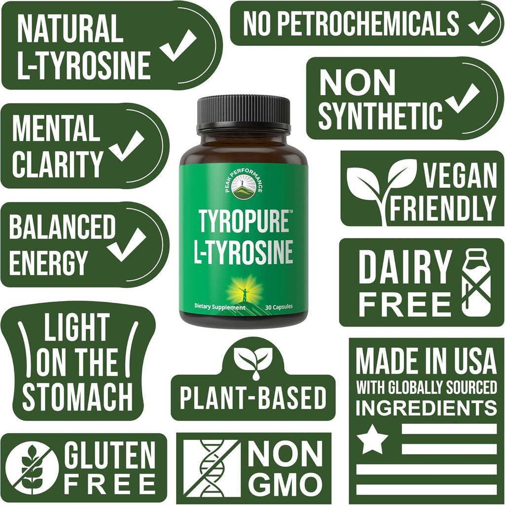 TyroPure L Tyrosine Supplement. More Bioavailable, Cleaner Version of L-Tyrosine. Vegan, Naturally Fermented 500mg Capsules for Mental Clarity, Dopamine. Mood Support for Women and Men
