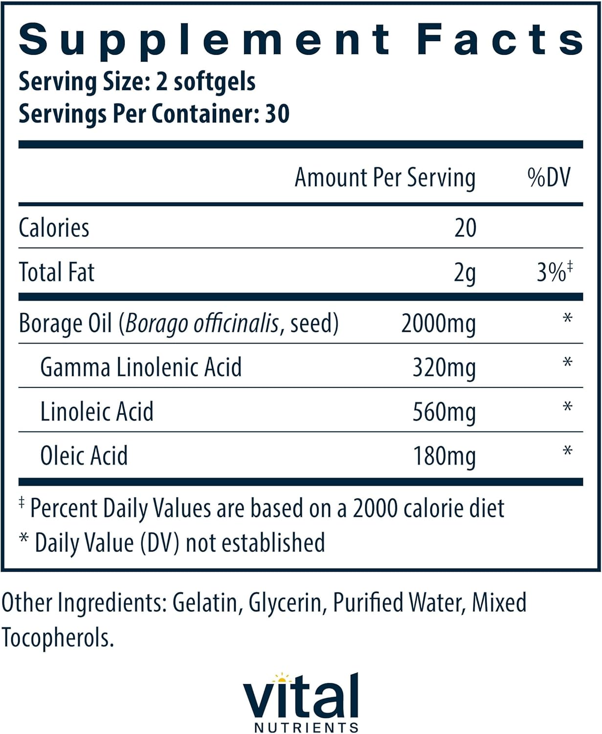 Vital Nutrients Borage Oil 1000mg | High-Dose GLA Omega-6 Supplement | Powerful Antioxidant for Skin, Join, Nerve Function | Gluten, Dairy, Soy Free | Non-GMO | 60 Softgels