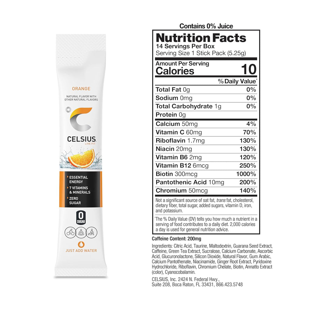CELSIUS On-the-Go Powder Stick Zero Sugar (14 Sticks per Pack), Orange, 2.60 Oz (Pack of 2)