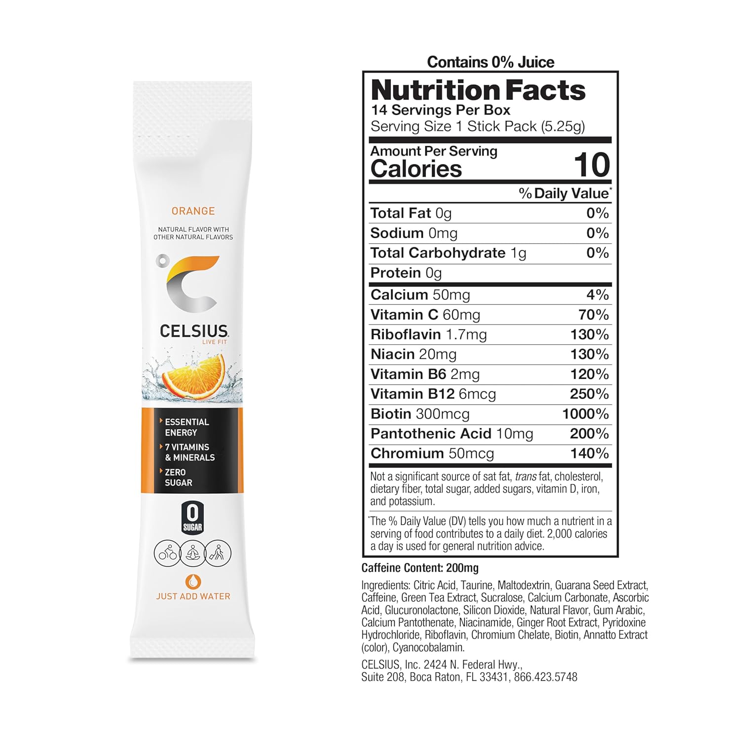 CELSIUS On-the-Go Powder Stick Zero Sugar (14 Sticks per Pack), Orange, 2.60 Oz (Pack of 2)