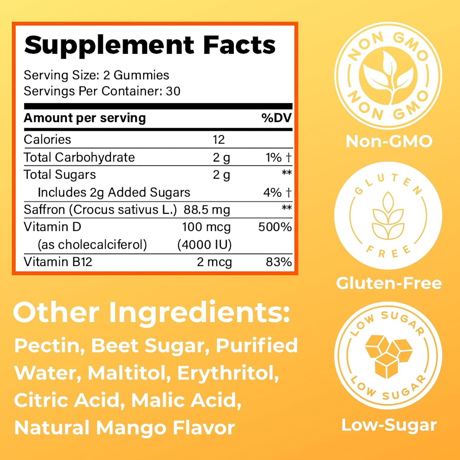 Saffron Gummies with Vitamin D3 & B12 – Natural Mood & Energy Support for Emotional Balance and Stress Relief – Tropical Mango, 60 Count (60 Count, Mango)