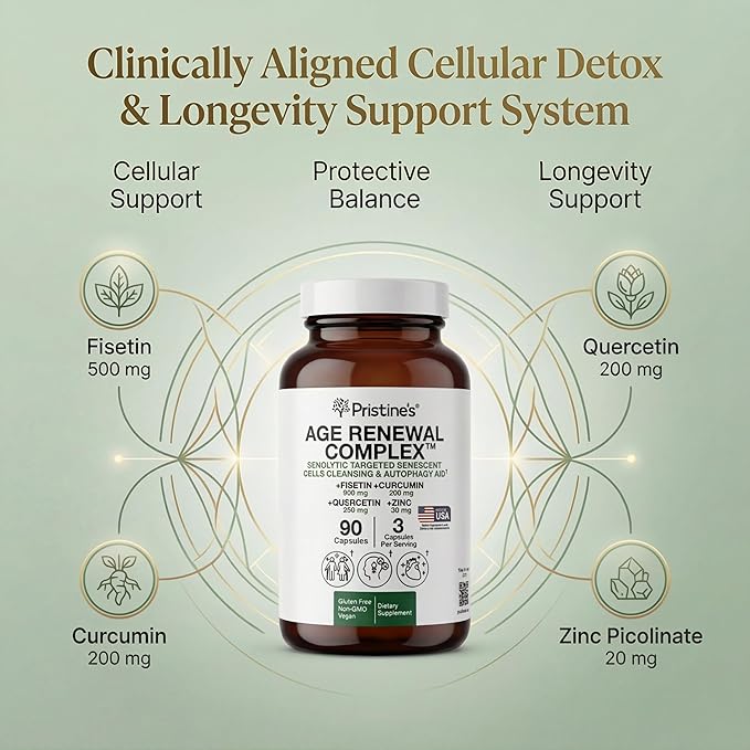 PRISTINE'S Senolytic Anti Aging & Autophagy Aid Age Renewal Complex - Senescent Cell Removal Support - Fisetin, Quercetin, Curcumin, Zinc - Gluten Free, Non-GMO, Vegan, USA Made