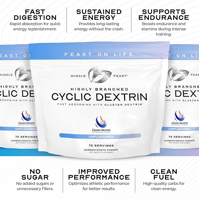 Muscle Feast Highly Branched Cyclic Dextrin Powder, Carbohydrate Powder Supplement, Pre-Workout, Intra Workout, Post-Workout Carbs - HBCD Supports Endurance, Energy, & Recovery - Unflavored, 5lbs