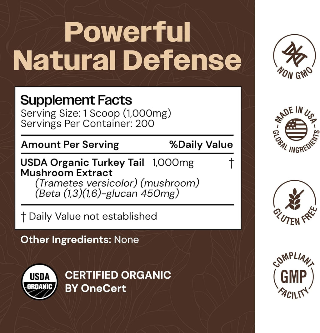 Turkey Tail Mushroom Powder - Organic Mushroom Powder For Immune Support Digestive Health & Immune Response Support Supplement - Hot Water Extracted, 45% Beta-Glucans - 7.10 oz (200 Servings)