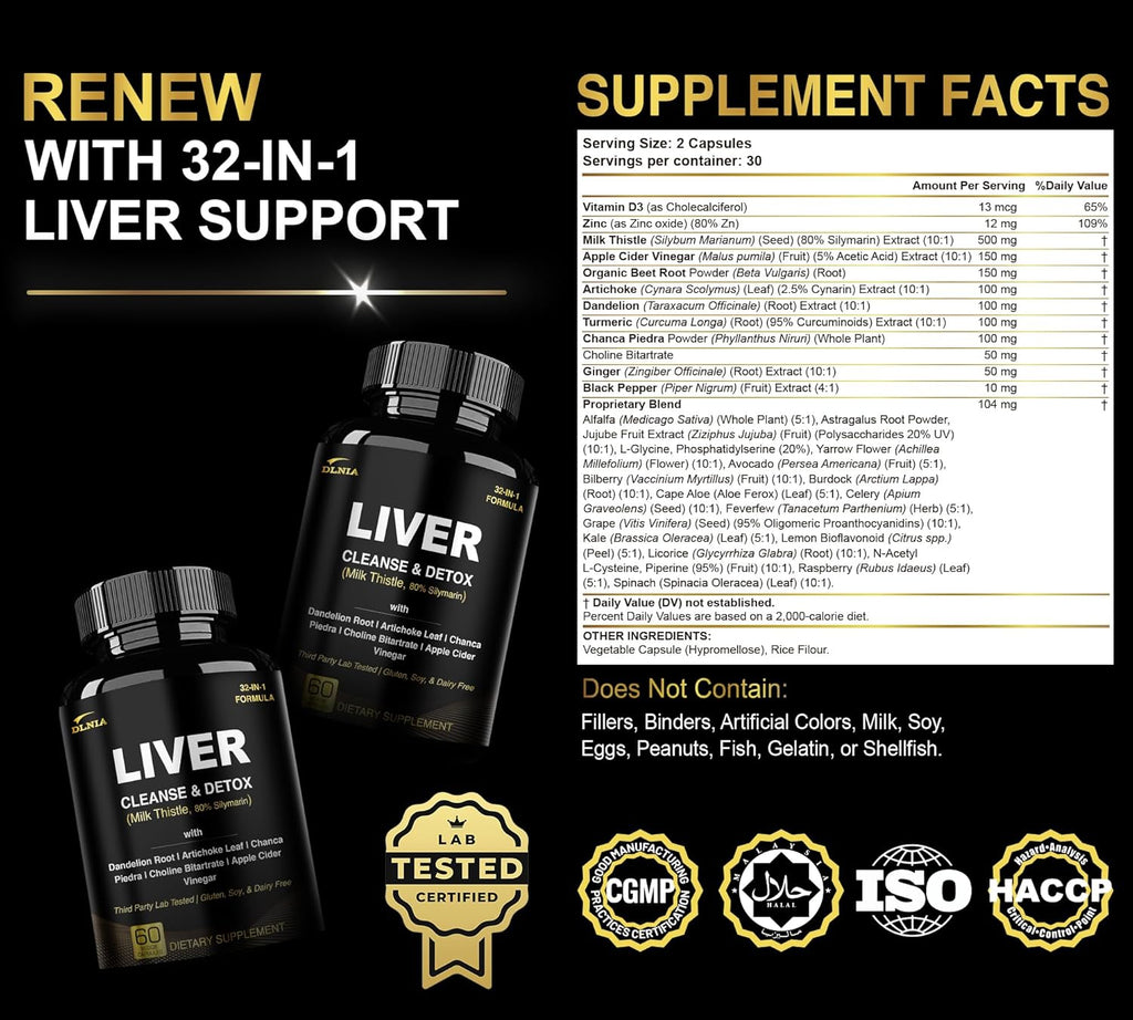 32 in 1 Liver Cleanse Detox & Repair Formula with Apple Cider Vinegar, Milk Thistle Supplement, Artichoke, Dandelion Root Supplement - Non-GMO & Vegan Herbal Liver Support & Repair