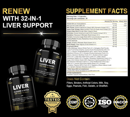 32 in 1 Liver Cleanse Detox & Repair Formula with Apple Cider Vinegar, Milk Thistle Supplement, Artichoke, Dandelion Root Supplement - Non-GMO & Vegan Herbal Liver Support & Repair