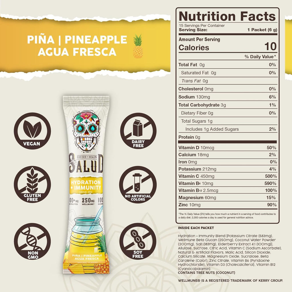 Salud 2-in-1 Hydration Packets + Immunity Electrolytes Powder, Pineapple - Agua Fresca Drink Mix, Elderberry, Dairy & Soy Free, Non-GMO, Gluten Free, Vegan, Low Calorie, 1g Sugar (15 Servings)