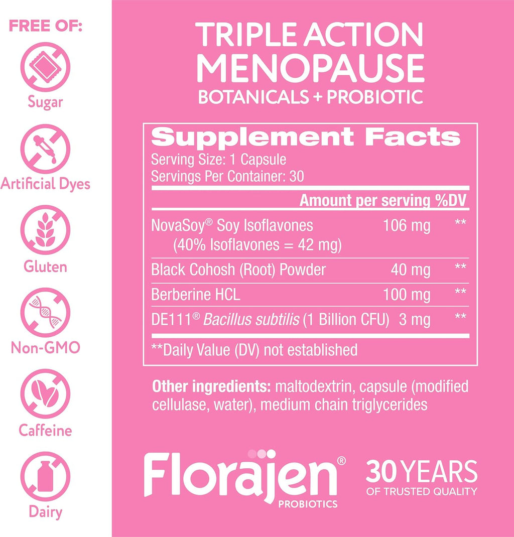 Florajen Triple-Action Menopause Probiotic - Hormonal Balance, Hot Flash, & Mood Swing Relief - Weight Management & Digestive Support - Featuring Berberine, Black Cohosh, & Botanical - 30 Capsules