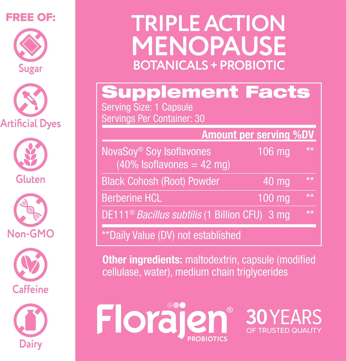 Florajen Triple-Action Menopause Probiotic - Hormonal Balance, Hot Flash, & Mood Swing Relief - Weight Management & Digestive Support - Featuring Berberine, Black Cohosh, & Botanical - 30 Capsules