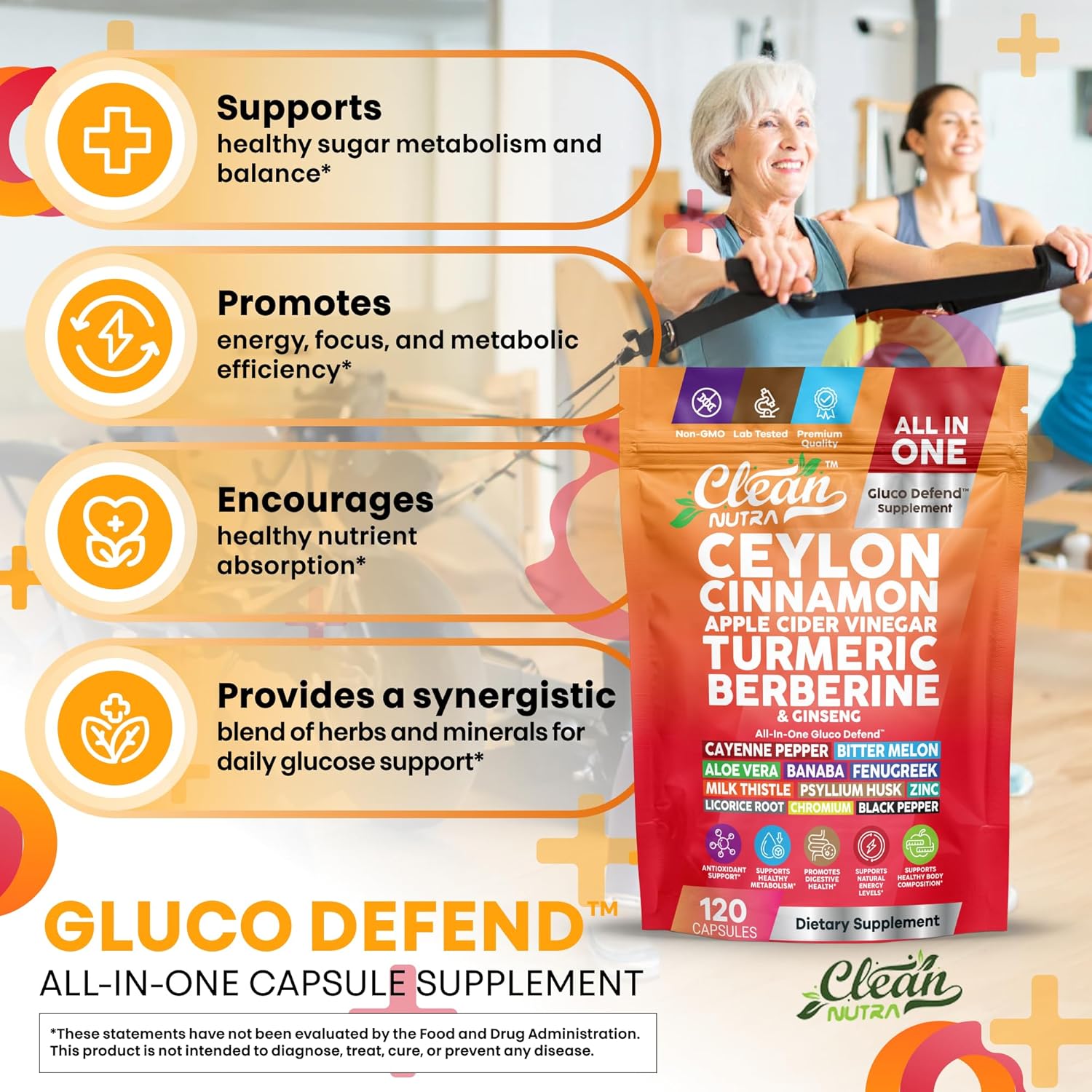 Ceylon Cinnamon Capsules + Apple Cider Vinegar Turmeric Berberine Supplement Ginseng Cayenne Pepper Bitter Melon Aloe Vera Fenugreek Milk Thistle Chromium 120 Pills Gluco Defend by Clean Nutra