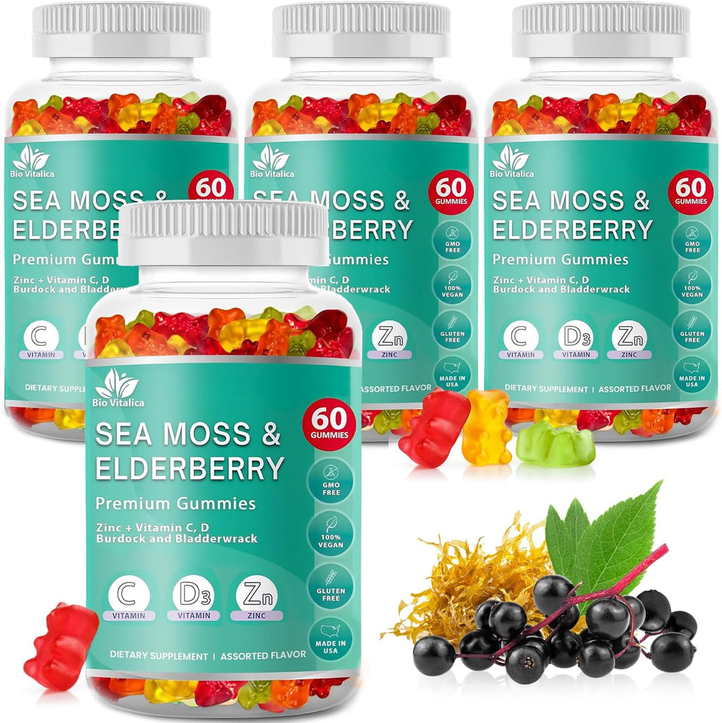 BIO VITALICA Sea Moss Gummies Elderberry BioVitalica - Vitamin C D + Zinc - Irish Seamoss Vegan Gummy with Sea Moss Gel & Powder for Immunity, Detox - for Adults and Kids (2Packs)