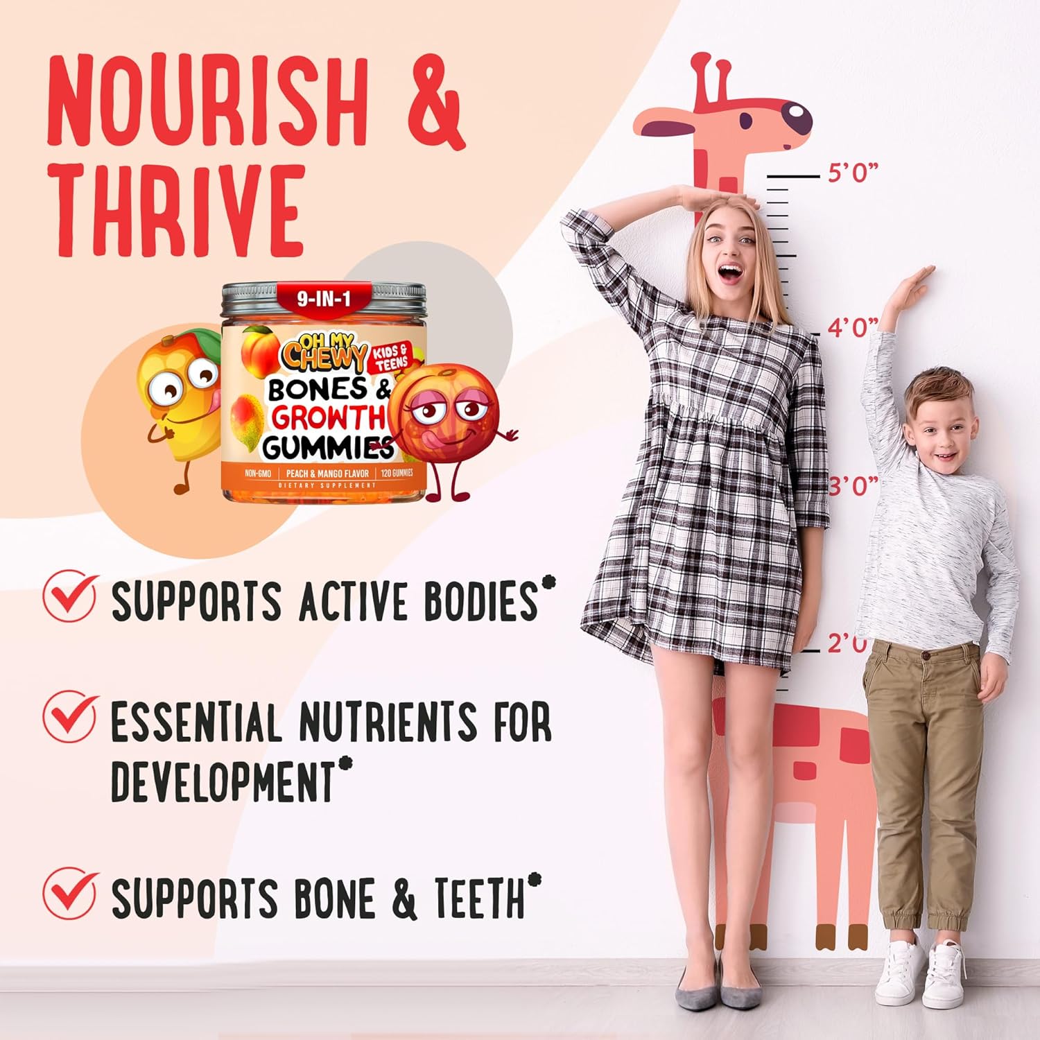 Center-Filled Bones & Growth Support Gummies - Supplement Vitamins for Kids & Teens with Calcium, Astragalus, D3, K2 & Omithine HCI - Peach & Mango - 60 Count