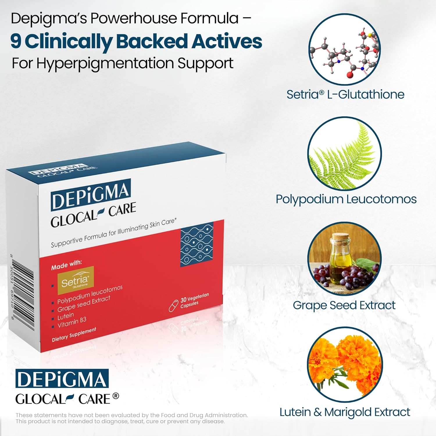 GlocalCare Depigma Support Reduction of Hyperpigmentation, Melasma & Dark Spots with Glutathione, Polypodium Leucotomos, Grape Seed & Marigold Extract