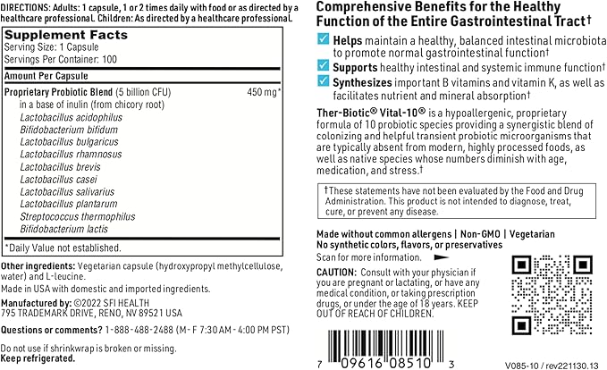 SFI Health Klaire Labs Ther-Biotic Vital 10 - Multistrain Probiotic with Lactobacillus, Bifidobacterium & More - Support Gut Health, A Balanced Microbiome & Immune Function (100 Capsules)