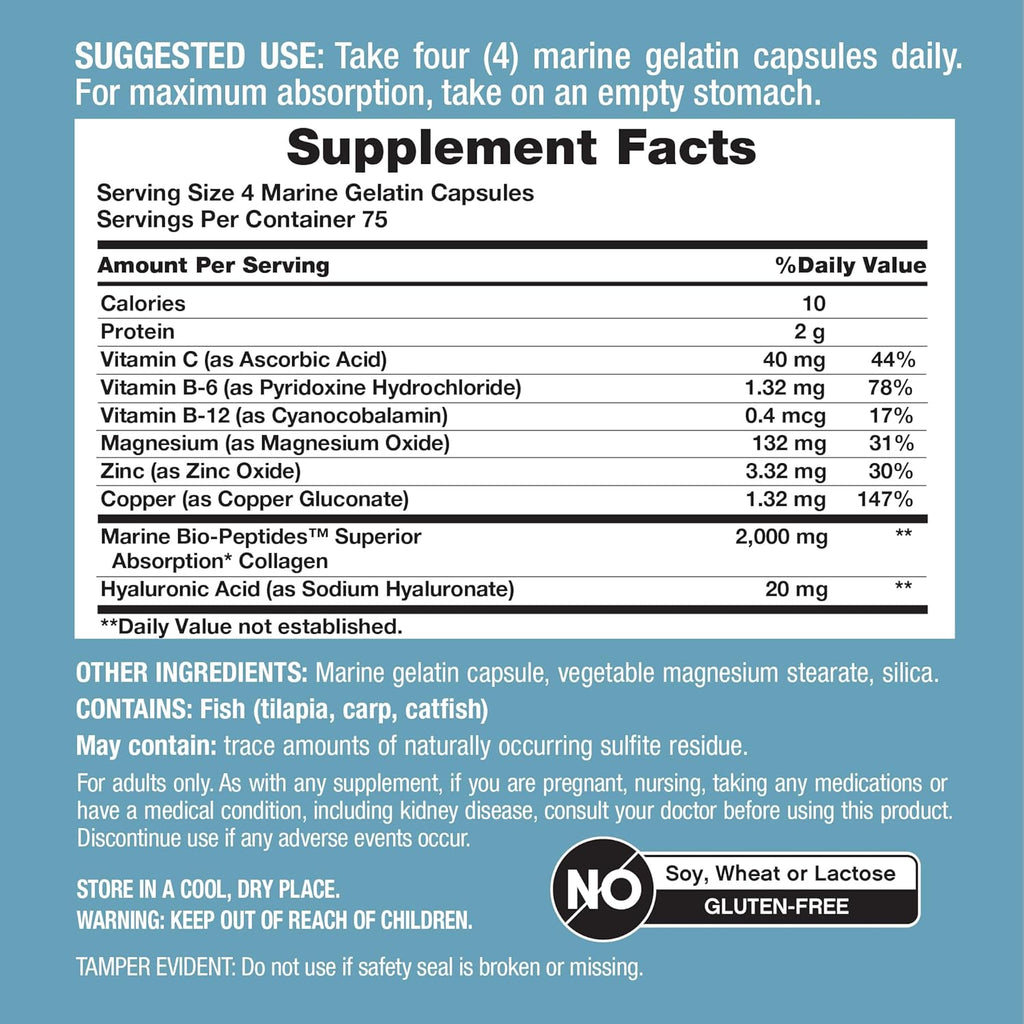 NeoCell Marine Collagen Peptides Capsules | 300 Pills | with Hyaluronic Acid | Plus Vitamin C | Superior Absorption Bio-Peptides for Women and Men | Premium Formula Supplement