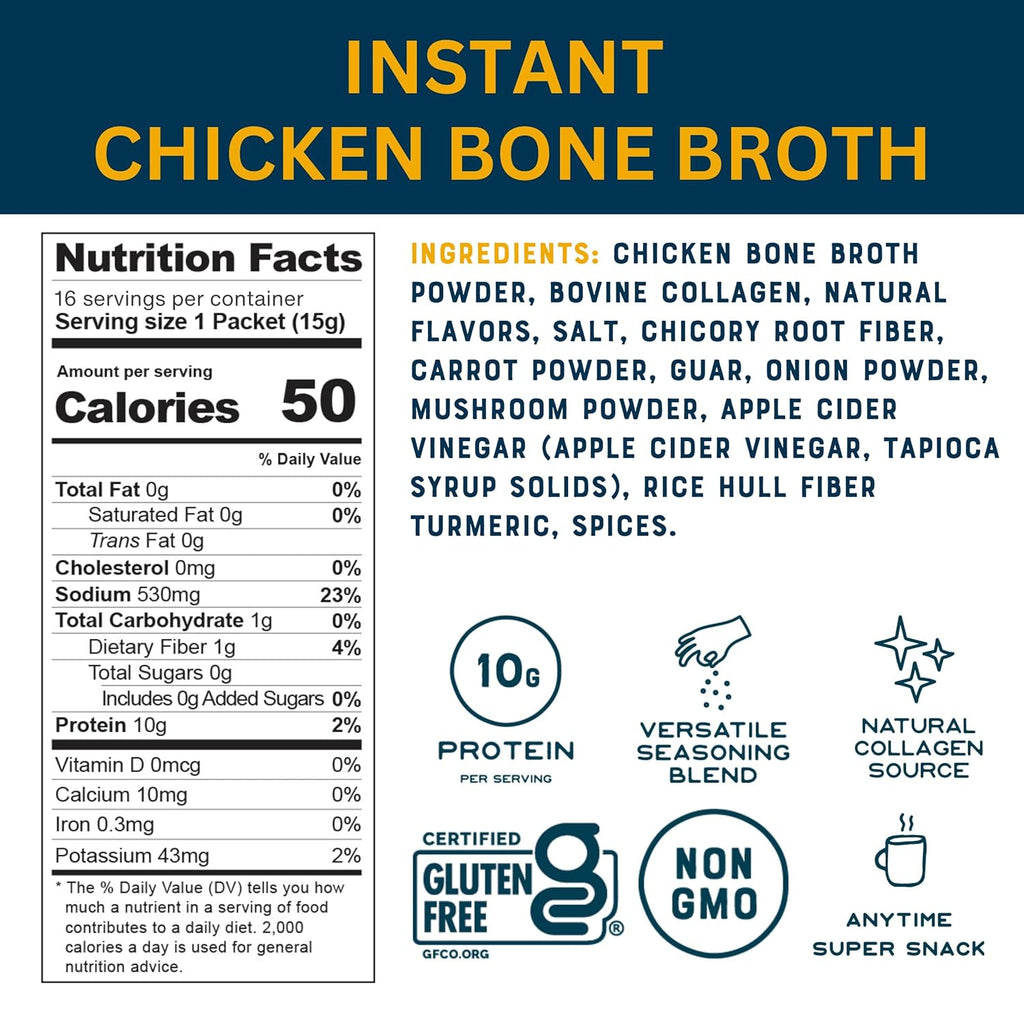 Bare Bones Chicken Bone Broth Instant Powdered Mix | Rich Savory Packets on-the-Go No Artificial Flavors | Keto & Paleo Friendly | 10g Protein | 16 Pack