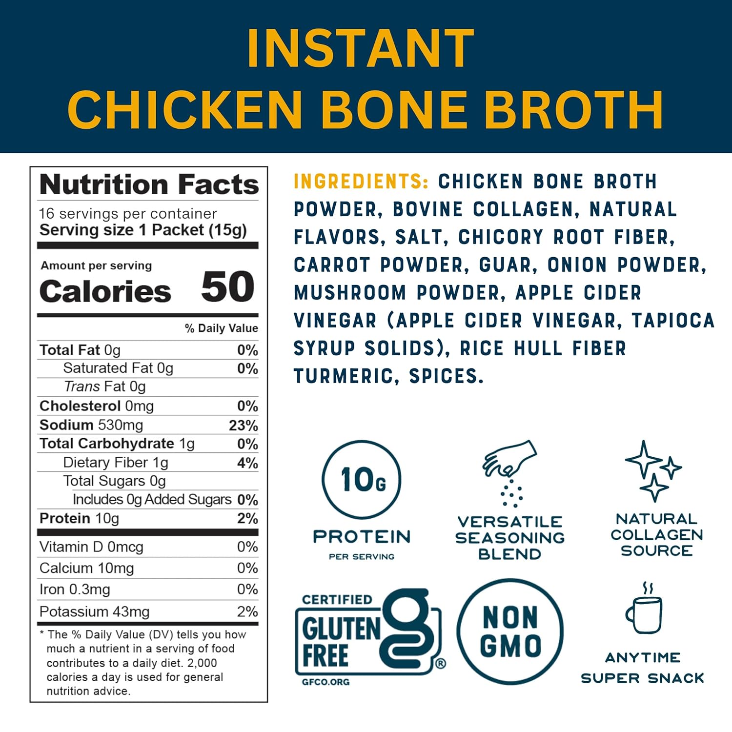 Bare Bones Chicken Bone Broth Instant Powdered Mix | Rich Savory Packets on-the-Go No Artificial Flavors | Keto & Paleo Friendly | 10g Protein | 32 Pack