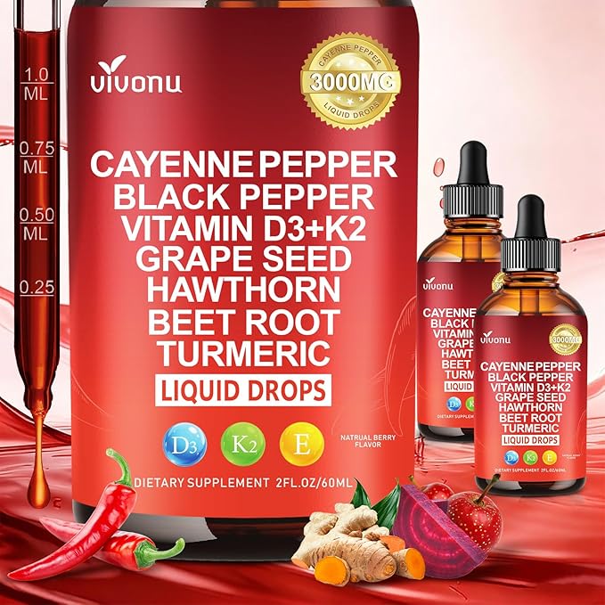 12 IN 1 Cayenne Pepper Drops Supplement, Liposomal Tech 98% Absorption, Supports* Leg Vein, Heart & Blood Vessel* Health, with Vitamin E D3+K2 & Extracts of Grape Seed, Hawthorn, Beetroot, Berberine