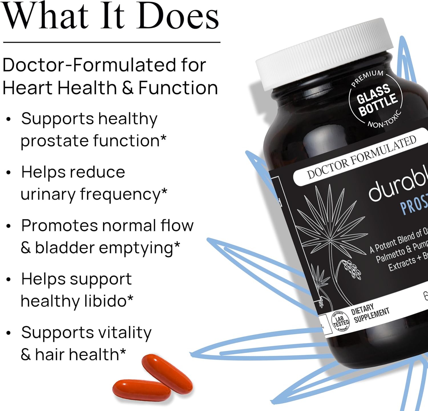 Durable Prostate – Organic USPlus Saw Palmetto + Beta-Sitosterol – Supports Men’s Prostate Health, Bladder Function & Flow– Doctor-Formulated, Made in USA – 30 Day Supply (60 Softgels)