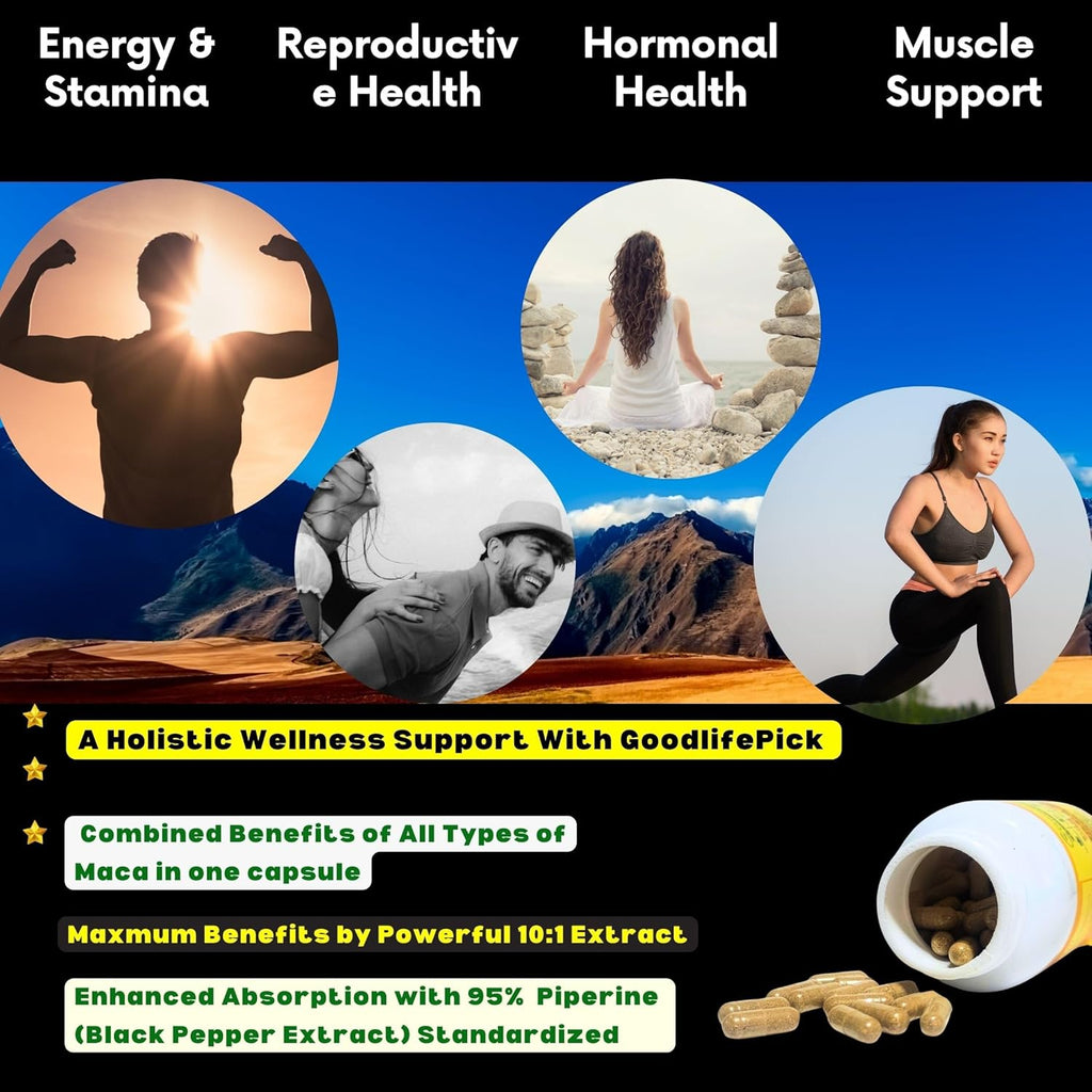 Peruvian Maca Root Capsules with Black Pepper 150 ct. Premium Yellow Maca Red Maca & Black Red Maca Powerful 10:1 All Type Maca Extract All Natural Non-GMO Vegan NO Rice Powder NO Stearate NO Silicon
