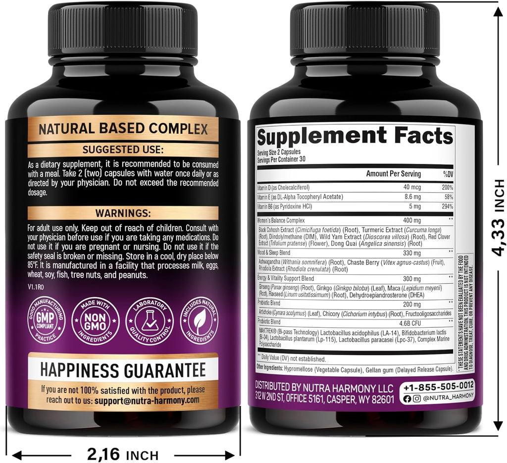 Menopause Supplements for Women - Dong Quai, Black Cohosh, Pre & Probiotics - Sweats & Hot Flashes Relief - Digestion, Sleep & Mood Support - 25-in-1 Perimenopause Complex - Made in USA - 60 Capsules