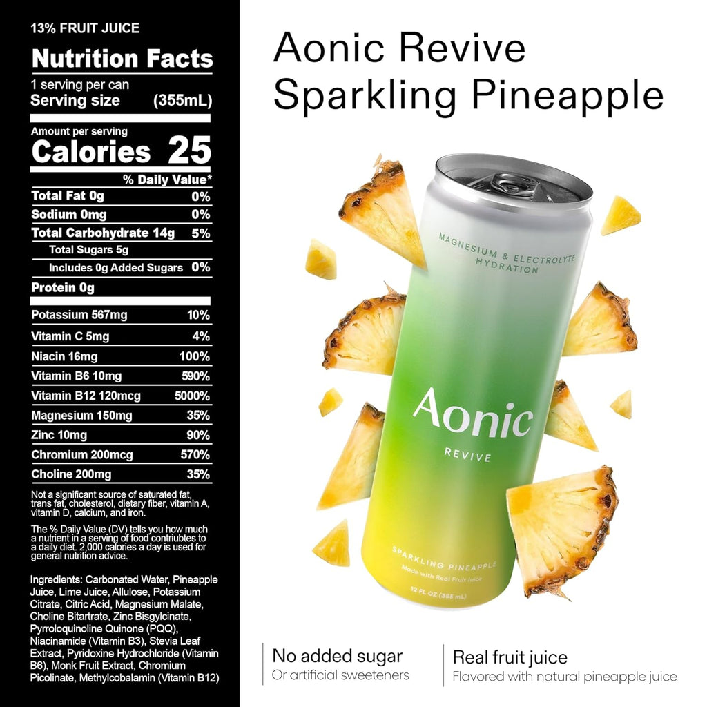 Aonic Revive Sparkling Pineapple – Magnesium + Potassium Electrolyte Hydration Drink, Delicious Taste, Real Fruit Juice, 12oz (12 Pack)